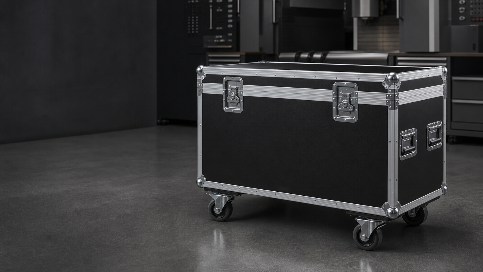 Black touring flight case with reinforced metal hardware